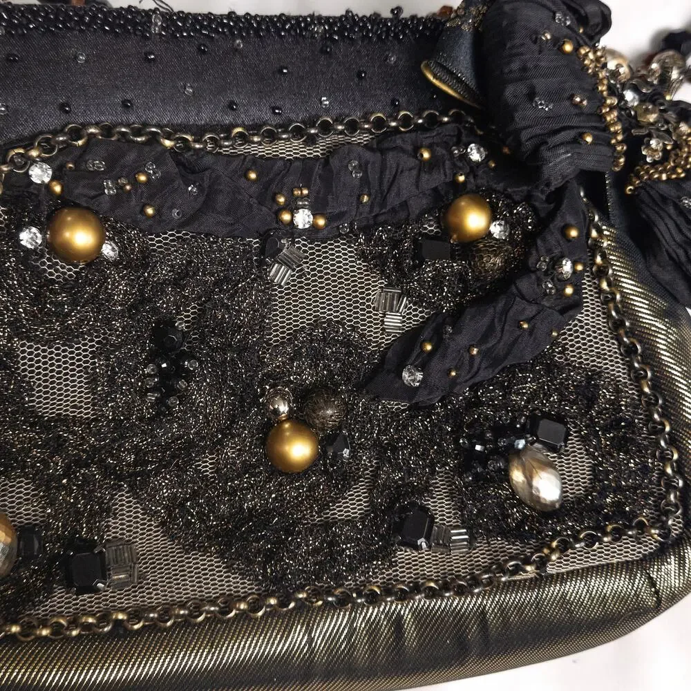 Mary Frances Beaded Shoulder Bag Black Gold Vintage Retro Statement
